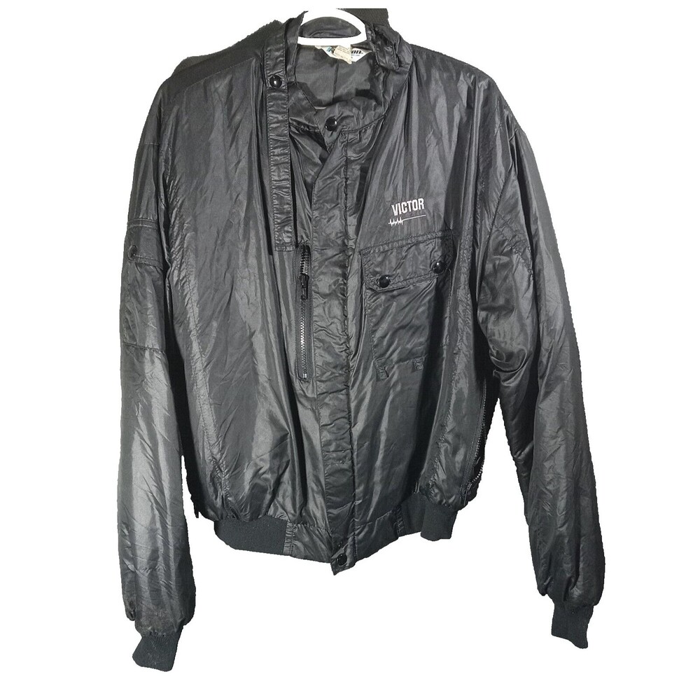 Vintage Black Satin Nylon Jacket Men's Size XL "Victor" Full Zip With Pockets